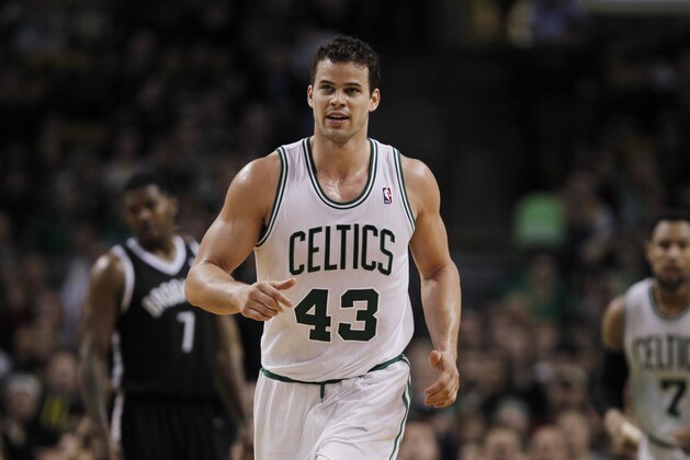 Boston Celtics center Kris Humphries (43) heads up court against the Brooklyn Nets during the second half of an NBA basketball game, Friday, March 7, 2014, in Boston. The Celtics defeated the Nets 91-84. (AP Photo/Charles Krupa) Boston Celtics center Kris Humphries (43) heads up court against the Brooklyn Nets during the second half of an NBA basketball game, Friday, March 7, 2014, in Boston. The Celtics defeated the Nets 91-84. (AP Photo/Charles Krupa)