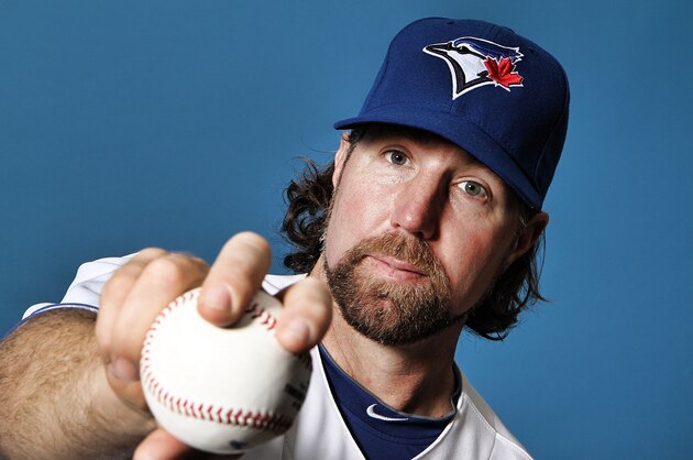 DUNEDIN, FL - FEBRUARY 25:  Pitcher R.A. Dickey #43 of the Toronto Blue Jays poses for photos on media day on February 25, 2014 in Dunedin, Florida.  (Photo by Marc Serota/Getty Images)