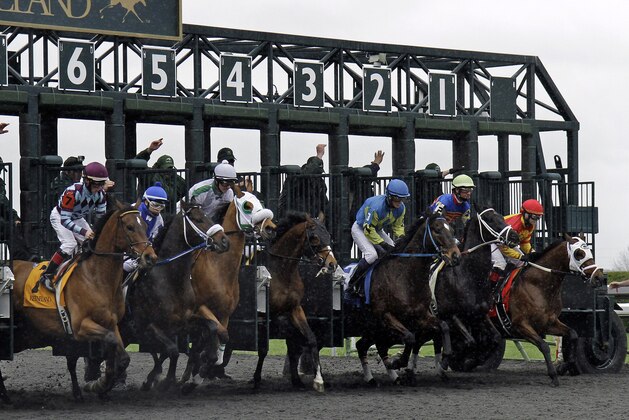 Thoroughbreds break from the starting game in the first horse race of opening day at Keeneland in Lexington, Ky., Friday, April 4, 2014. English Council (4), getting a late start, won the race. (AP Photo/Garry Jones)