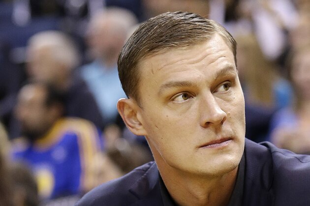 Utah Jazz center Andris Biedrins before an NBA basketball game against the Golden State Warriors in Oakland, Calif., Saturday, Nov. 16, 2013. (AP Photo/Jeff Chiu)