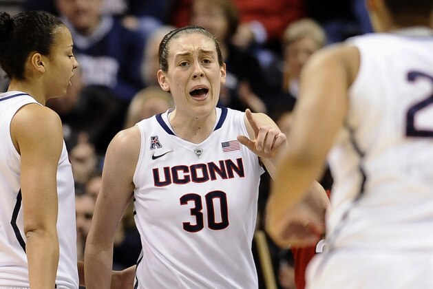 FILE - In this March 10, 2014, file photo, Connecticut's Breanna Stewart (30) calls out to teammate Kaleena Mosqueda-Lewis, right, as Kia Stokes, left, stands near after Stewart was fouled during the first half of an NCAA college basketball game in the finals of the American Athletic Conference women's basketball tournament in Uncasville, Conn. Stewart earned The Associated Press Player of the Year award Saturday, April 5, 2014, becoming just the third sophomore to achieve the honor. (AP Photo/Jessica Hill, File) FILE - In this March 10, 2014, file photo, Connecticut's Breanna Stewart (30) calls out to teammate Kaleena Mosqueda-Lewis, right, as Kia Stokes, left, stands near after Stewart was fouled during the first half of an NCAA college basketball game in the finals of the American Athletic Conference women's basketball tournament in Uncasville, Conn. Stewart earned The Associated Press Player of the Year award Saturday, April 5, 2014, becoming just the third sophomore to achieve the honor. (AP Photo/Jessica Hill, File)