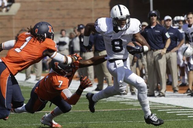 Penn State wide receiver Allen Robinson (8) escapes Illinois defensive back Supo Sanni (7)during the first half of the NCAA college football game Saturday, Sept. 29, 2012, in Champaign, Ill. Penn State defeated Illinois 35-7. (AP Photo/Seth Perlman)