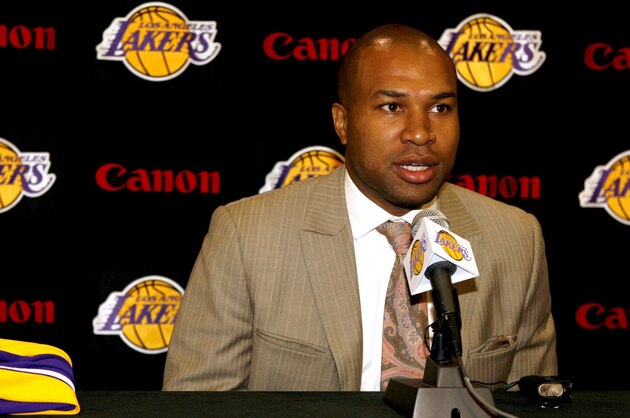 EL SEGUNDO, CA - JULY 20:  Los Angeles Lakers Derek Fisher #2 answers questions after announcing his return to the Lakers in a press conference on July 20, 2007 at Toyota Training Center in El Segundo, California.  NOTE TO USER: User expressly acknowledges and agrees that, by downloading and/or using this Photograph, user is consenting to the terms and conditions of the Getty Images License Agreement. Mandatory Copyright Notice: Copyright 2007 NBAE (Photo by Wendi Kaminski/NBAE via Getty Images)