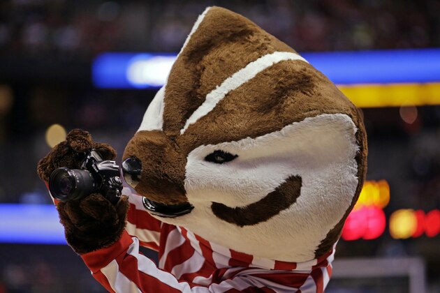 Wisconsin mascot Bucky Badger during the first half in a regional final NCAA college basketball tournament game against Arizona, Saturday, March 29, 2014, in Anaheim, Calif. (AP Photo/Jae C. Hong)