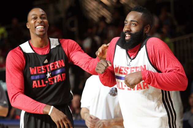 NEW ORLEANS, LA - FEBRUARY 15: Dwight Howard and James Harden of the Western Conference All-Stars laugh during NBA All-Star Practice at Sprint Arena as part of 2014 NBA All-Star Weekend at the Ernest N. Morial Convention Center on February 15, 2014 in New Orleans, Louisiana. NOTE TO USER: User expressly acknowledges and agrees that, by downloading and/or using this photograph, user is consenting to the terms and conditions of the Getty Images License Agreement.  Mandatory Copyright Notice: Copyright 2014 NBAE (Photo by Ron Hoskins/NBAE via Getty Images)