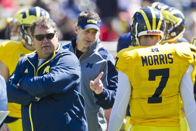Michigan head coach Brady Hoke watches his offensive, including quarterback Shane Morris (7), run though drills, during the football team's annual spring game, Saturday, April 5, 2014, in Ann Arbor, Mich. (AP Photo/Tony Ding)
