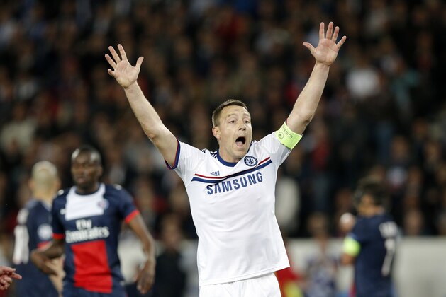 Chelsea's John Terry reacts during the Champions League quarterfinal first leg soccer match between PSG and Chelsea, at the Parc des Princes stadium, in Paris, Wednesday, April 2, 2014. (AP Photo/Christophe Ena)
