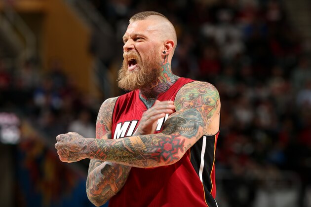 CLEVELAND, OH - MARCH 18:  Chris Andersen #11 of the Miami Heat celebrates during the game against the Cleveland Cavaliers at The Quicken Loans Arena on March 18, 2014 in Cleveland, Ohio. NOTE TO USER: User expressly acknowledges and agrees that, by downloading and/or using this Photograph, user is consenting to the terms and conditions of the Getty Images License Agreement. Mandatory Copyright Notice: Copyright 2014 NBAE (Photo by Joe Murphy/NBAE via Getty Images)