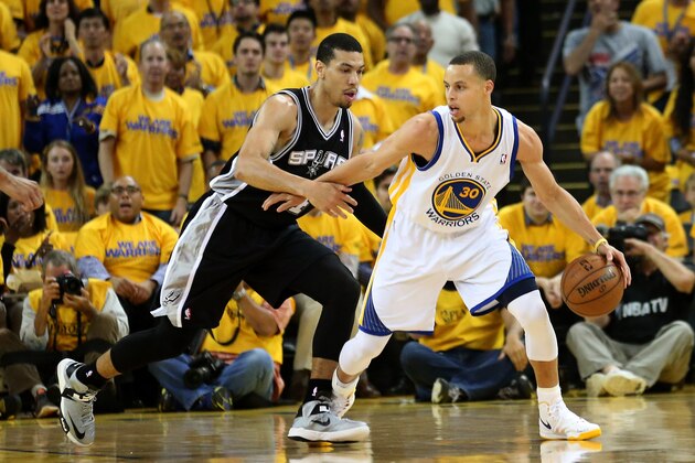 OAKLAND, CA - MAY 16: Stephen Curry #30 of the Golden State Warriors controls the ball against Danny Green #4 of the San Antonio Spurs in Game Six of the Western Conference Semifinals during the 2013 NBA Playoffs on May 16, 2013 at the Oracle Arena in Oakland, California. NOTE TO USER: User expressly acknowledges and agrees that, by downloading and or using this photograph, User is consenting to the terms and conditions of the Getty Images License Agreement. Mandatory Copyright Notice: Copyright 2013 NBAE (Photo by StephenDunn/Getty Images)  (Photo by Stephen Dunn/Getty Images)