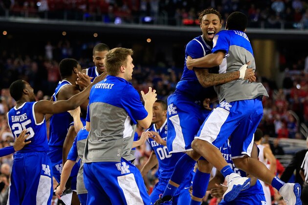 ARLINGTON, TX - APRIL 05:  James Young #1 of the Kentucky Wildcats reacts after defeating the Wisconsin Badgers 74-73 in the NCAA Men's Final Four Semifinal at AT&T Stadium on April 5, 2014 in Arlington, Texas.  (Photo by Jamie Squire/Getty Images)