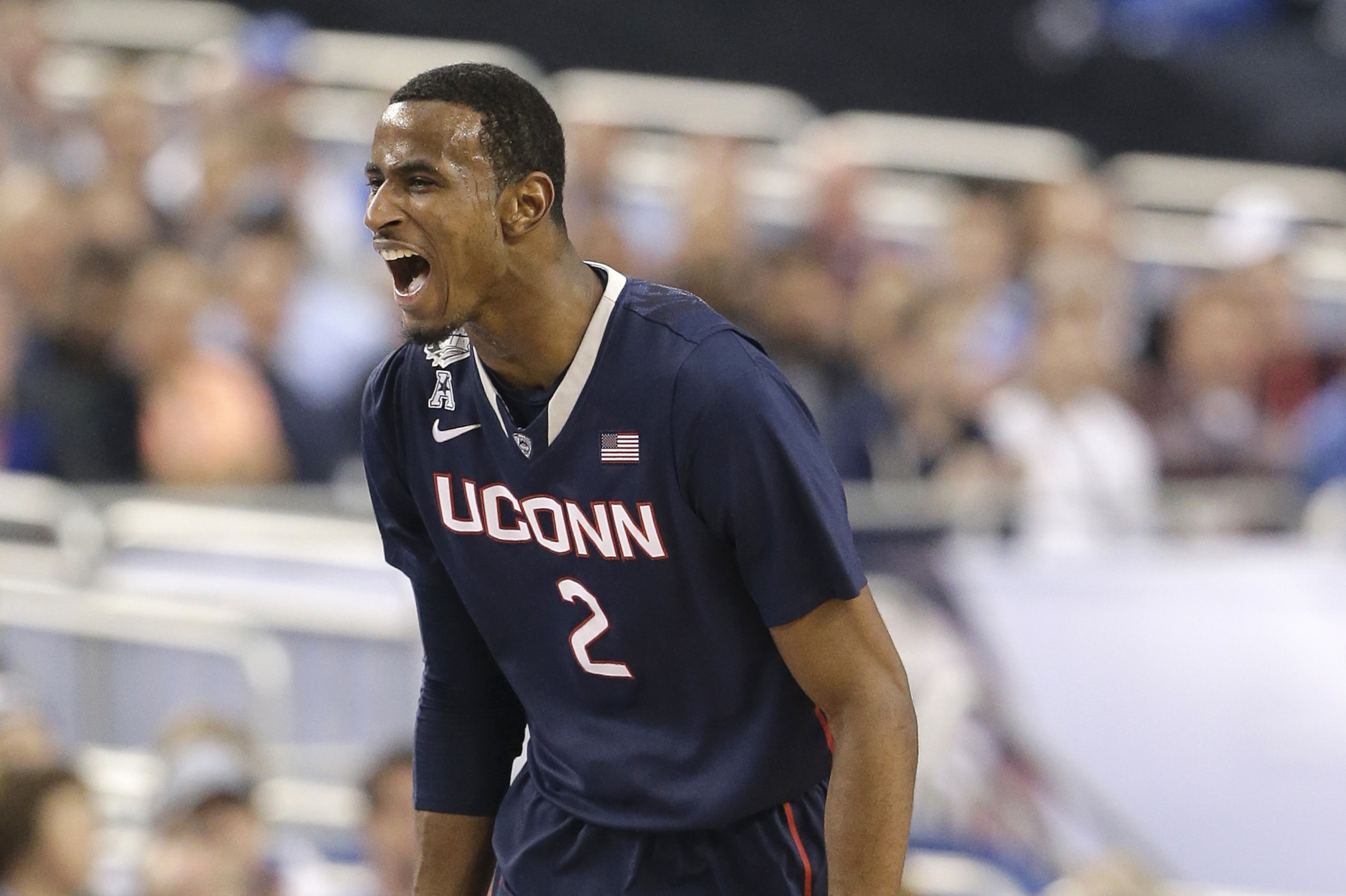 Connecticut forward DeAndre Daniels reacts during the first half of an NCAA Final Four tournament college basketball semifinal game against Florida Saturday, April 5, 2014, in Arlington, Texas. (AP Photo/Eric Gay)