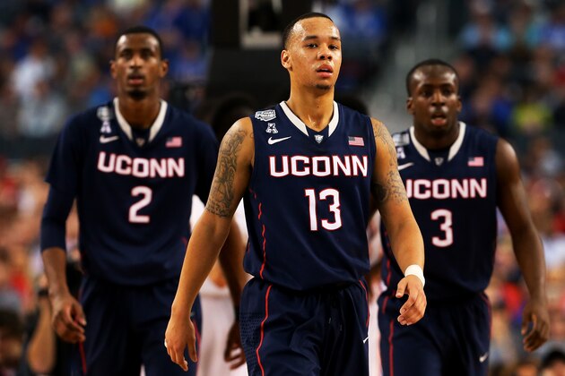 ARLINGTON, TX - APRIL 05:  Shabazz Napier #13 of the Connecticut Huskies looks on during the NCAA Men's Final Four Semifinal against the Florida Gators at AT&T Stadium on April 5, 2014 in Arlington, Texas.  (Photo by Ronald Martinez/Getty Images)