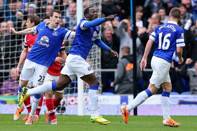 LIVERPOOL, ENGLAND - APRIL 06:  Romelu Lukaku of Everton celebrates scoring the second goal during the Barclays Premier League match between Everton and Arsenal at Goodison Park on April 6, 2014 in Liverpool, England.  (Photo by Alex Livesey/Getty Images)