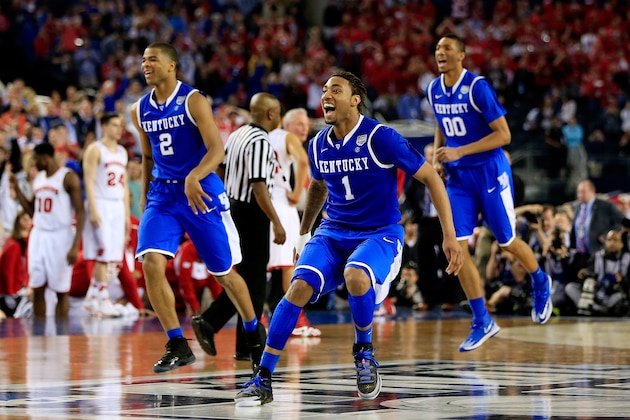 ARLINGTON, TX - APRIL 05:  James Young #1 of the Kentucky Wildcats reacts after defeating the Wisconsin Badgers 74-73 in the NCAA Men's Final Four Semifinal at AT&T Stadium on April 5, 2014 in Arlington, Texas.  (Photo by Jamie Squire/Getty Images)
