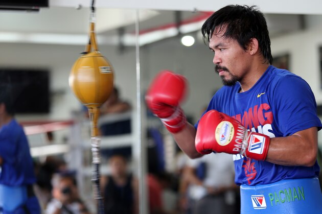 GENERAL SANTOS, PHILIPPINES - MARCH 04: Manny Pacquiao takes part in a training session on March 4, 2014 in General Santos, Philippines. Pacquiao will fight for WBO welterweight championship rematch against Timothy Bradley on April 12, 2014 at the MGM Grand in Las Vegas, Nevada. (Photo by Jeoffrey Maitem/Getty Images) GENERAL SANTOS, PHILIPPINES - MARCH 04: Manny Pacquiao takes part in a training session on March 4, 2014 in General Santos, Philippines. Pacquiao will fight for WBO welterweight championship rematch against Timothy Bradley on April 12, 2014 at the MGM Grand in Las Vegas, Nevada. (Photo by Jeoffrey Maitem/Getty Images)
