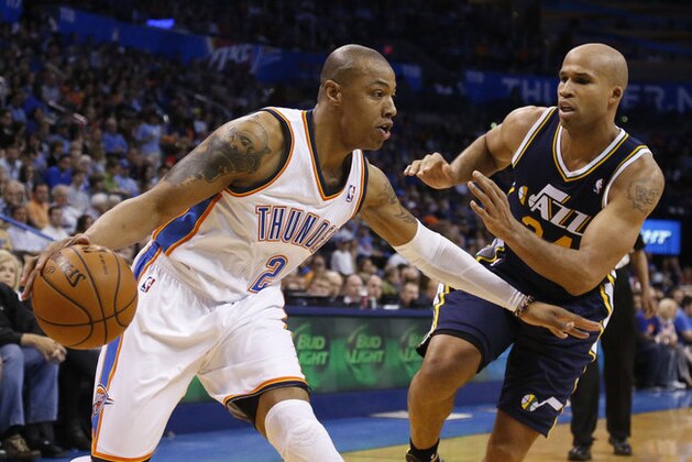 Oklahoma City Thunder forward Caron Butler drives around Utah Jazz forward Richard Jefferson (24) in the second quarter of an NBA basketball game in Oklahoma City, Sunday, March 30, 2014. (AP Photo/Sue Ogrocki) Oklahoma City Thunder forward Caron Butler drives around Utah Jazz forward Richard Jefferson (24) in the second quarter of an NBA basketball game in Oklahoma City, Sunday, March 30, 2014. (AP Photo/Sue Ogrocki)