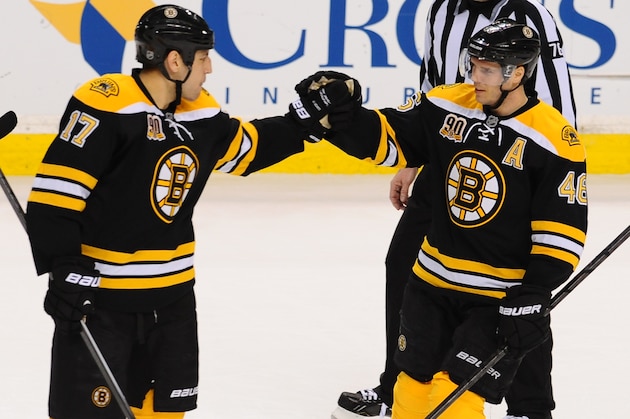 BOSTON, MA - MARCH 4: David Krejci #46 of the Boston Bruins celebrates a hat trick with teammate Milan Lucic #17 against the Florida Panthers at the TD Garden on March 4, 2014 in Boston, Massachusetts.  (Photo by Steve Babineau/NHLI via Getty Images)