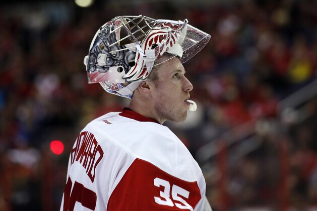 Detroit Red Wings goalie Jimmy Howard (35) skates towards the goal, in the first period of an NHL hockey game against the Washington Capitals, Sunday, Feb. 2, 2014, in Washington. (AP Photo/Alex Brandon)