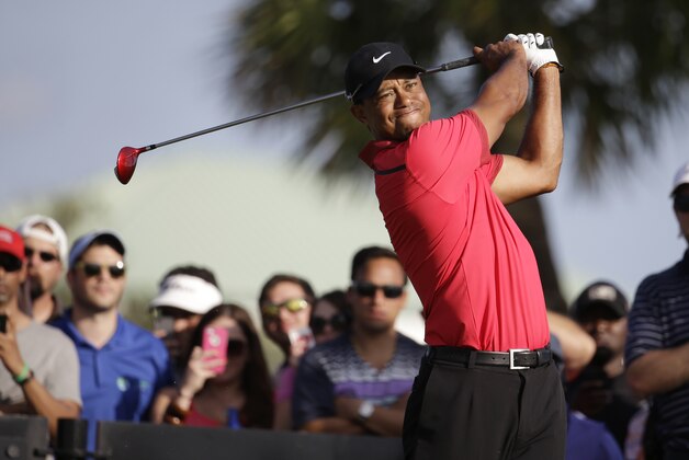 Tiger Woods sees off on the 14th hole during the final round of the Cadillac Championship golf tournament Sunday, March 9, 2014, in Doral, Fla. (AP Photo/Lynne Sladky)