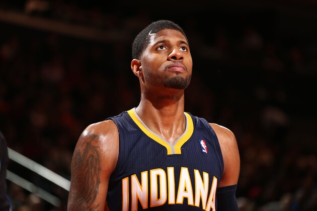 NEW YORK, NY - MARCH 19: Paul George #24 of the Indiana Pacers stands on the court during a game against the New York Knicks at Madison Square Garden in New York City on March 19, 2014.  NOTE TO USER: User expressly acknowledges and agrees that, by downloading and or using this photograph, User is consenting to the terms and conditions of the Getty Images License Agreement. Mandatory Copyright Notice: Copyright 2014 NBAE  (Photo by Nathaniel S. Butler/NBAE via Getty Images)