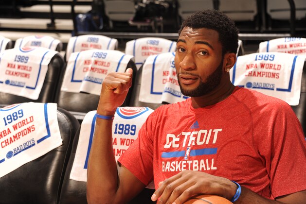 AUBURN HILLS, MI - MARCH 28:  Andre Drummond #0 of the Detroit Pistons poses for a picture before the game against the Miami Heat on March 28, 2014 at The Palace of Auburn Hills in Auburn Hills, Michigan. NOTE TO USER: User expressly acknowledges and agrees that, by downloading and/or using this photograph, User is consenting to the terms and conditions of the Getty Images License Agreement.  Mandatory Copyright Notice: Copyright 2014 NBAE (Photo by Dan Lippitt/NBAE via Getty Images)