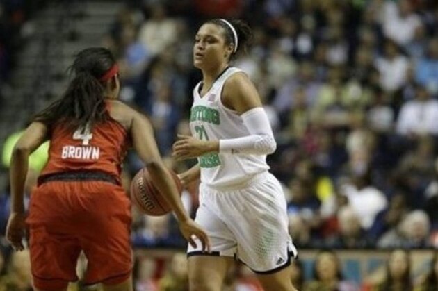 Notre Dame guard Kayla McBride (21) walks up court against Maryland during the second half of the semifinal game in the Final Four of the NCAA women's college basketball tournament, Sunday, April 6, 2014, in Nashville, Tenn.(AP Photo/Mark Humphrey)