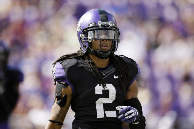 TCU cornerback Jason Verrett (2) stands at the line of scrimmage in the first half of an NCAA college football game against Kansas, Saturday, Oct. 12, 2013, in Fort Worth, Texas. TCU won 27-17. (AP Photo/Tony Gutierrez) TCU cornerback Jason Verrett (2) stands at the line of scrimmage in the first half of an NCAA college football game against Kansas, Saturday, Oct. 12, 2013, in Fort Worth, Texas. TCU won 27-17. (AP Photo/Tony Gutierrez)