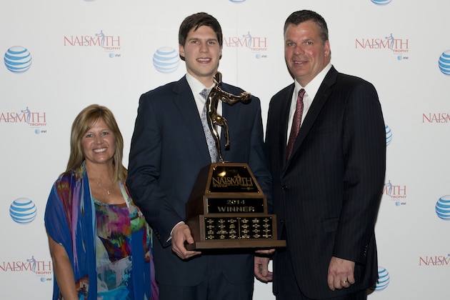 DALLAS, TX - APRIL 06:  Doug McDermott of Creighton University poses with his mother, Theresa McDermott, and his father/coach Greg McDermott after winning the 2014 Men's Naismith Trophy during the AT&T NABC Guardians of the Game Awards Show at the Music Hall at Fair Park on April 6, 2014 in Dallas, Texas.  (Photo by Cooper Neill/Getty Images)