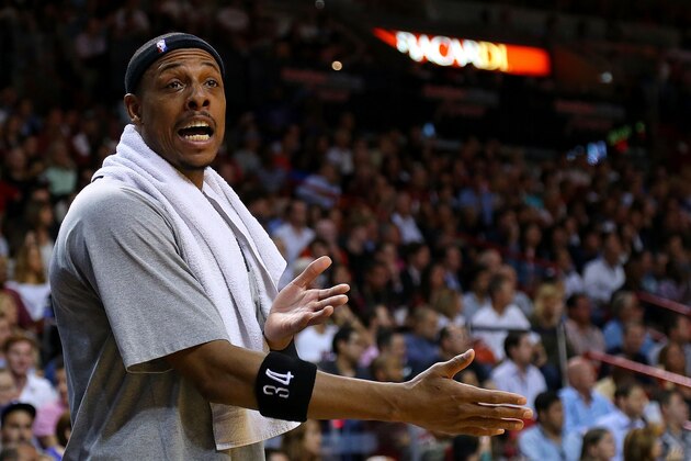 MIAMI, FL - MARCH 12:  Paul Pierce #34 of the Brooklyn Nets looks on during a game against the Miami Heat at American Airlines Arena on March 12, 2014 in Miami, Florida. NOTE TO USER: User expressly acknowledges and agrees that, by downloading and/or using this photograph, user is consenting to the terms and conditions of the Getty Images License Agreement. Mandatory copyright notice:  (Photo by Mike Ehrmann/Getty Images)