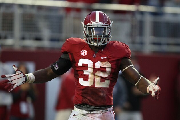 TUSCALOOSA, AL - NOVEMBER 10:  Linebacker C.J. Mosley #32 of the Alabama Crimson Tide celebrates during the game against the Texas A&M Aggies at Bryant-Denny Stadium on November 10, 2012 in Tuscaloosa, Alabama.  (Photo by Mike Zarrilli/Getty Images)
