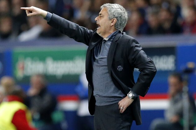 Chelsea's manager Jose Mourinho gestures as he watches his team plays from the technical area during a Champions League quarterfinal first leg soccer match between Paris Saint-Germain and Chelsea at Parc des Princes stadium in Paris, Wednesday, April 2, 2014. Paris Saint Germain won 3-1. (AP Photo/Michel Euler)