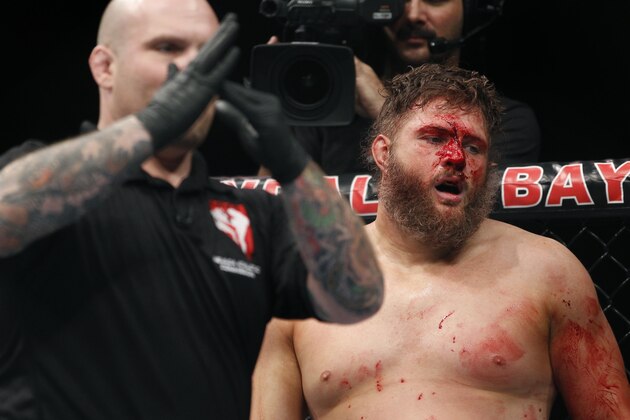 Referee Josh Rosenthal calls timeout for Roy Nelson for a medic check during Nelson's UFC heavyweight mixed martial arts match against Fabricio Werdum, Saturday, Feb. 4, 2012 at The Mandalay Bay Resort & Casino in Las Vegas. Werdum won by unanimous decision. (AP Photo/Eric Jamison)