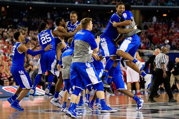 ARLINGTON, TX - APRIL 05:  James Young #1 of the Kentucky Wildcats reacts after defeating the Wisconsin Badgers 74-73 in the NCAA Men's Final Four Semifinal at AT&T Stadium on April 5, 2014 in Arlington, Texas.  (Photo by Jamie Squire/Getty Images)