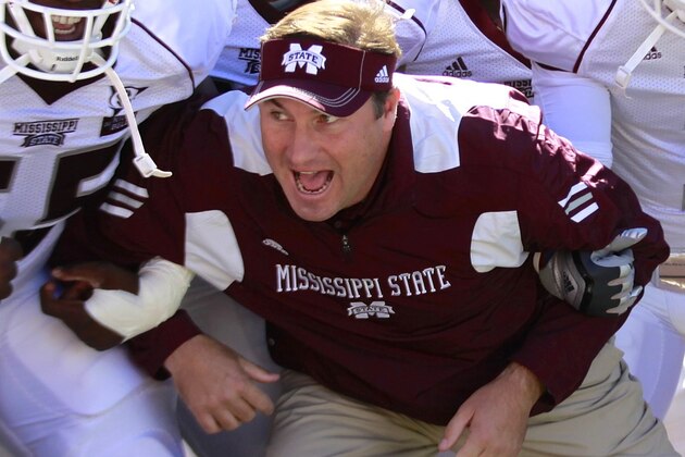 STARKVILLE, MS - NOVEMBER 28:  Dan Mullen, head coach of the Mississippi State Bulldogs, reacts to a missed field goal during a game against the Ole Miss Rebels at Davis Wade Stadium on November 28, 2013 in Starkville, Mississippi.  Mississippi State won the game in overtime 17-10. (Photo by Stacy Revere/Getty Images)