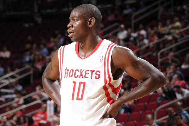 HOUSTON, TX - OCTOBER 5:  Ronnie Brewer #10 of the Houston Rockets reacts to a play against the New Orleans Pelicans during the 2013 NBA pre-season game on October 5, 2013 at the Toyota Center in Houston, Texas. NOTE TO USER: User expressly acknowledges and agrees that, by downloading and or using this photograph, User is consenting to the terms and conditions of the Getty Images License Agreement. Mandatory Copyright Notice: Copyright 2013 NBAE (Photo by Bill Baptist/NBAE via Getty Images)