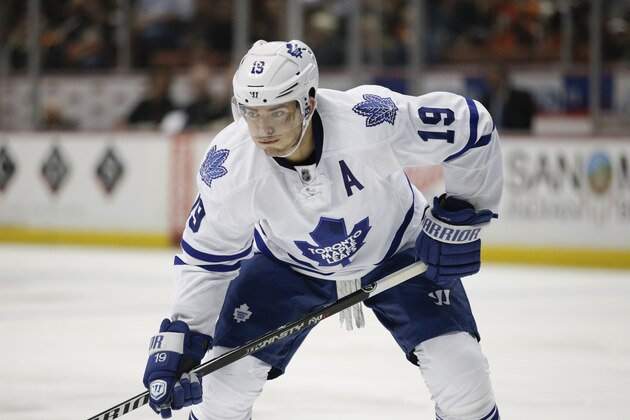 Toronto Maple Leafs' Joffrey Lupul looks on during the first period of an NHL hockey game against the Anaheim Ducks on Monday, March 10, 2014, in Anaheim, Calif. (AP Photo/Jae C. Hong)