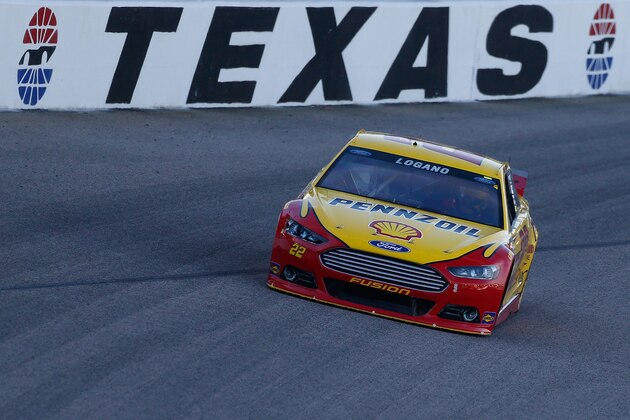 FORT WORTH, TX - APRIL 04:Joey Logano, driver of the #22 Shell-Pennzoil/Hertz Ford, practices for the NASCAR Sprint Cup Series Duck Commander 500 at Texas Motor Speedway on April 4, 2014 in Fort Worth, Texas.  (Photo by Jonathan Ferrey/Getty Images for Texas Motor Speedway)