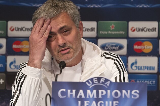 Chelsea FC coach Jose Mourinho speaks during a press conference prior to a training session at Parc des Princes stadium in Paris, Tuesday April 1, 2014. Paris Saint Germain will face Chelsea FC in a Champions League quarterfinal soccer match on Wednesday April 2. (AP Photo/Michel Euler)