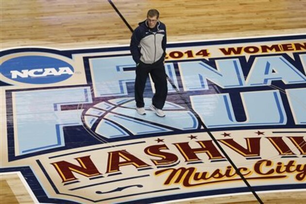 Connecticut head coach Geno Auriemma walks on the floor during practice before the women's Final Four of the NCAA college basketball tournament, Saturday, April 5, 2014, in Nashville, Tenn. Connecticut plays Stanford Sunday.  (AP Photo/John Bazemore)