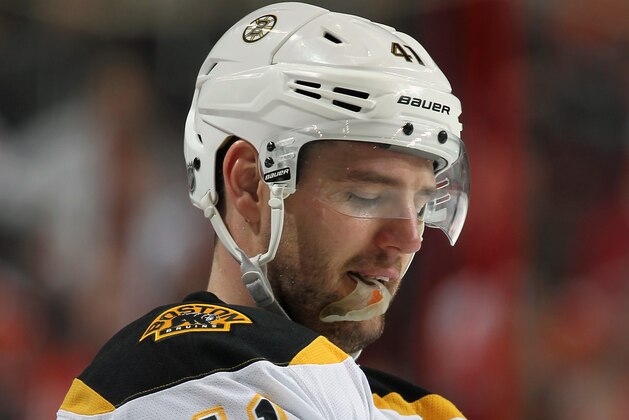 PHILADELPHIA, PA - MARCH 30: Andrej Meszaros #41 of the Boston Bruins looks on against the Philadelphia Flyers on March 30, 2014 at the Wells Fargo Center in Philadelphia, Pennsylvania. (Photo by Len Redkoles/NHLI via Getty Images) PHILADELPHIA, PA - MARCH 30: Andrej Meszaros #41 of the Boston Bruins looks on against the Philadelphia Flyers on March 30, 2014 at the Wells Fargo Center in Philadelphia, Pennsylvania. (Photo by Len Redkoles/NHLI via Getty Images)