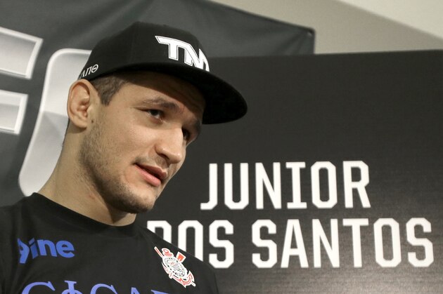 Former UFC heavyweight champion Junior Dos Santos, answers questions during a media availability Thursday, Oct. 17, 2013, in Houston. Santos will face UFC heavyweight champion Cain Velasquez in a rematch in Houston Saturday. Velasquez beat Santos in a five-round decision in December to regain the title after Santos won in a knockout in the first meeting in 2011. (AP Photo/Pat Sullivan)