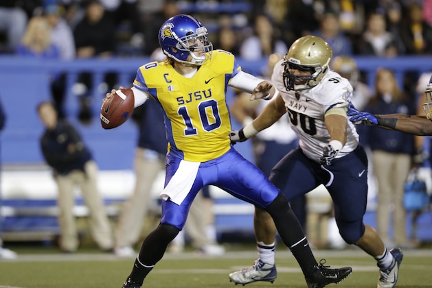 San Jose State quarterback David Fales during an NCAA college football game against Navy on Friday, Nov. 22, 2013, in San Jose, Calif. (AP Photo/Marcio Jose Sanchez)