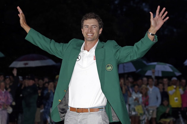 ADVANCE FOR WEEKEND EDITIONS, APRIL 5-6 - FILE - In this April 14, 2013 file photo, Adam Scott, of Australia, celebrates with his green jacket after winning the Masters golf tournament in Augusta, Ga. The final round of the Masters will be all about a green jacket. Only one player from the top five in the world has won this year. The last 24 majors have been won by 21 players. The Masters long was known as having the fewest legitimate contenders. That's no longer the case. (AP Photo/Matt Slocum, File)