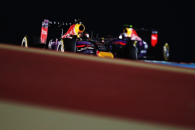 SAKHIR, BAHRAIN - APRIL 06:  Sebastian Vettel of Germany and Infiniti Red Bull Racing drives during the Bahrain Formula One Grand Prix at the Bahrain International Circuit on April 6, 2014 in Sakhir, Bahrain.  (Photo by Mark Thompson/Getty Images)