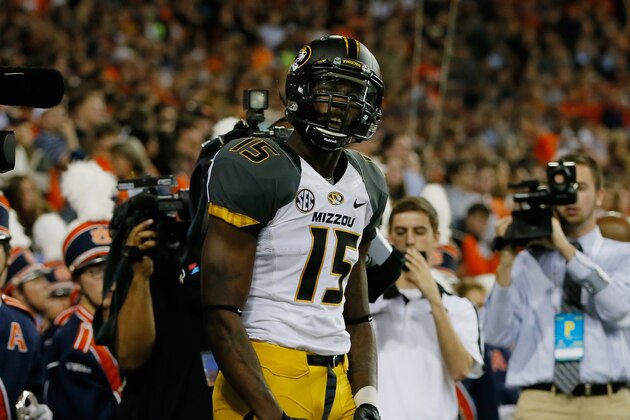 ATLANTA, GA - DECEMBER 07:  Dorial Green-Beckham #15 of the Missouri Tigers celebrates his second quarter touchdown against the Auburn Tigers during the SEC Championship Game at Georgia Dome on December 7, 2013 in Atlanta, Georgia.  (Photo by Kevin C. Cox/Getty Images)