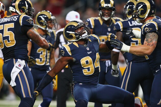 ST. LOUIS, MO - SEPTEMBER 16: Robert Quinn #94 of the St. Louis Rams celebrates a sack against the Washington Redskins at the Edward Jones Dome on September 16, 2012 in St. Louis, Missouri.  (Photo by Dilip Vishwanat/Getty Images)