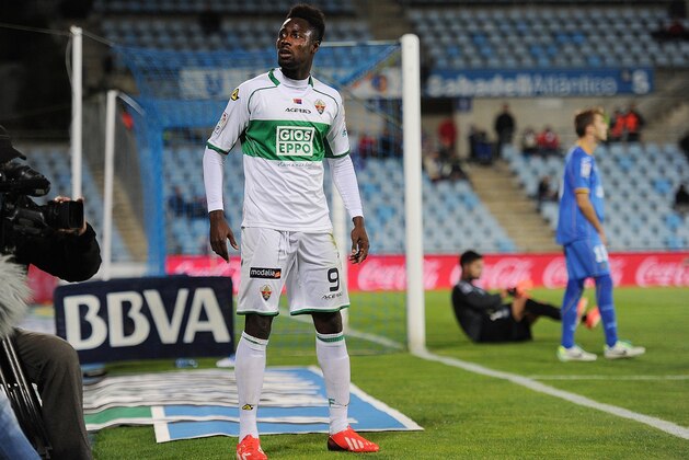 GETAFE, SPAIN - NOVEMBER 09:  Richmond Boakye of Elche FC celebrates  after scoring his team's opening goal during the La Liga match between Getafe CF and Elche FC   at Coliseum Alfonso Perez stadium on November 9, 2013 in Getafe, Spain.  (Photo by Denis Doyle/Getty Images)