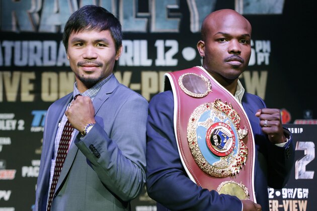 Boxer Manny Pacquiao, of the Phillipines, left, poses for a photo with current WBO World Welterweight champion Timothy Bradley of Indio, Calif., during a press conference Thursday, Feb. 6, 2014, in New York. The pair will face off in a title fight in Las Vegas, April 12, 2014. (AP Photo/Kathy Willens) Boxer Manny Pacquiao, of the Phillipines, left, poses for a photo with current WBO World Welterweight champion Timothy Bradley of Indio, Calif., during a press conference Thursday, Feb. 6, 2014, in New York. The pair will face off in a title fight in Las Vegas, April 12, 2014. (AP Photo/Kathy Willens)