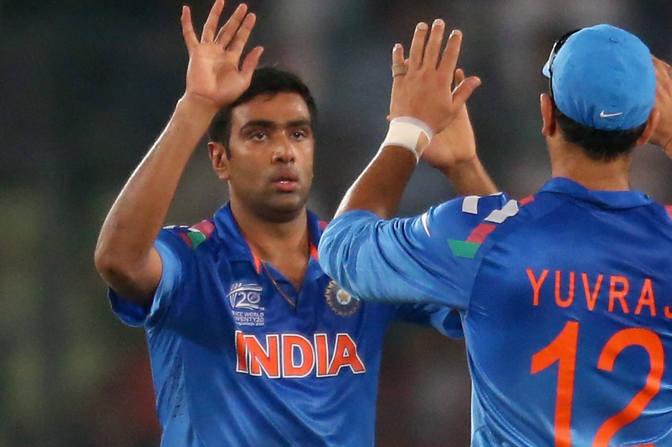 DHAKA, BANGLADESH - APRIL 04: Ravichandran Ashwin of India is congratulated by his teammates after dismissing AB de Villiers of South Africa during the ICC World Twenty20 Bangladesh 2014 2nd Semi-Final match between India and South Africa at Sher-e-Bangla Mirpur Stadium on April 4, 2014 in Dhaka, Bangladesh. (Photo by Scott Barbour/Getty Images) DHAKA, BANGLADESH - APRIL 04: Ravichandran Ashwin of India is congratulated by his teammates after dismissing AB de Villiers of South Africa during the ICC World Twenty20 Bangladesh 2014 2nd Semi-Final match between India and South Africa at Sher-e-Bangla Mirpur Stadium on April 4, 2014 in Dhaka, Bangladesh. (Photo by Scott Barbour/Getty Images)