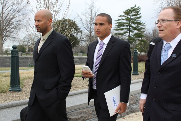 From left, former Northwestern University football quarterback Kain Colter, Ramogi Huma, founder and President of the National College Players Association and Tim Waters, Political Director for United Steelworkers, arrive on Capitol Hill in Washington, Wednesday, April, 2, 2014. (AP Photo/Lauren Victoria Burke) From left, former Northwestern University football quarterback Kain Colter, Ramogi Huma, founder and President of the National College Players Association and Tim Waters, Political Director for United Steelworkers, arrive on Capitol Hill in Washington, Wednesday, April, 2, 2014. (AP Photo/Lauren Victoria Burke)